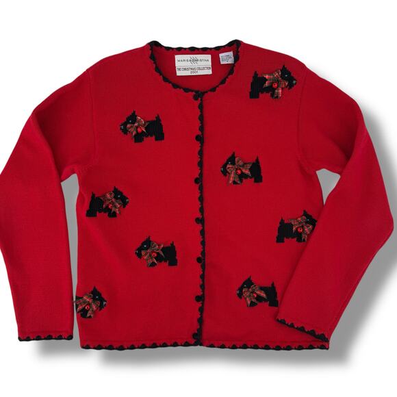 Vtg Marisa Christina Christmas Sweater 2001 Scottie Dog Red Knit Cardigan Size S - Picture 1 of 8